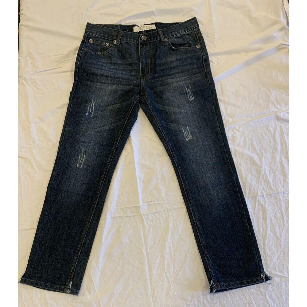 Blue Rag Mens Size 34x30 DESIGNER Distressed Jeans Pocket Stitching‎ & Rivets